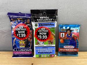 lot 43 image: 3 Brand New 2021-22 NBA Panini Trading Card Packs - Prizm, Chronicles, and Illusions N