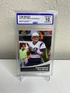 lot 7 image: Gem Mint 10 - 2016 Leaf Limited Edition Tom Brady Card #4 M