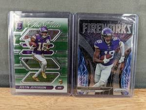 lot 152 image: 2021 Prizm Justin Jefferson Fireworks & 2024 Donruss Elite NFL Minnesota Vikings Football Trading Cards T