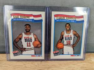 lot 740 image: Pair of 1992 USA Basketball Team NBA Hoops Karl Malone and Earvin Magic Johnson Trading Cards T