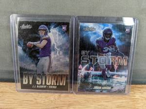 lot 97D image: 2024 Panini Absolute By Storm J.J. McCarthy and 2023 Jordan Addison Rookie Vikings Football Cards T