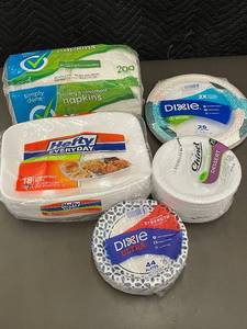 lot 9 image: Bulk Lot of Disposable Tableware Plates, Napkins, and Trays