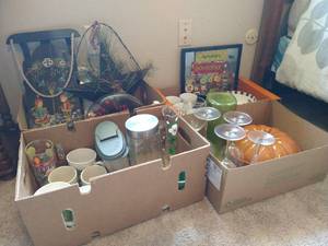 lot 29 image: Four Boxes of Decor, Mugs, Winter Sled, Etc