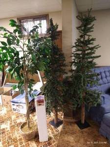lot 118 image: Three Pre-lit Skinny Pine Trees & Fake Tree