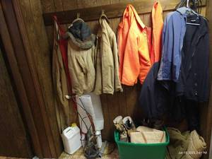 lot 120 image: Coats, Coveralls, Carharts, Army Wool Blanket, Boots, Gun Case, Etc