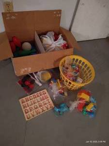 lot 152 image: Vintage Plastic Toddler Toys- ABC Magnets, Bowling, Stacking, Etc.
