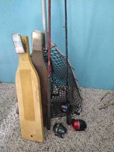 lot 170 image: Fishermans Lot w Two Filet Boards, Net, Poles & Reels