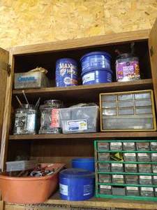 lot 284 image: Three Shelves Hardware, Screw in Hooks, Etc