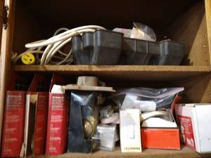 lot 301 image: Two Shelves of Misc Home Hardware, Knobs, Bulbs, Electrical, Etc