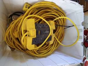 lot 383 image: Tote of Heavy Duty Extension Cords, Etc