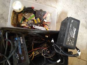 lot 388 image: Three Float Chargers & Container of Electrical Supplies