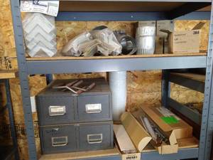 lot 410 image: Two Shelves w Door Hardware, Electrical Connectors, Etc