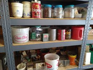 lot 575 image: Three Shelves of Hardware- Screws, Bolts, Bracelets, Nails, Etc