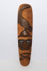 lot 550 image: Hand-Carved Wooden Mask Wall Hanging  26 T x 6.5 W