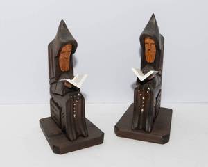 lot 551 image: Wooden Hand-carved Monk Bookends - Set of Two