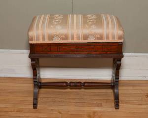 lot 554 image: Antique Wooden Bench with Upholstered Lift-Top Seat
