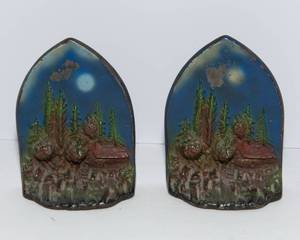 lot 566 image: Antique Albany Foundry Co Cast Iron Bookends  Cabin in the Woods Under Moonlight
