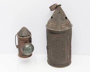 lot 569 image: Set of Two Antique Lanterns  Beacon Lantern & Punched Tin Candle Lantern