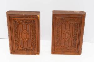 lot 589 image: Wood Carved Book Bookends - Set of Two