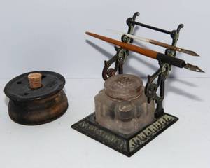 lot 609 image: Antique Inkwell and Dip Pen Set  Wood, Glass, and Mother of Pearl