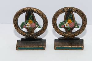lot 622 image: Cast Iron Bookends with Painted Flowers in Basket - Set of Two