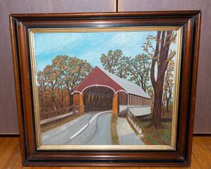 lot 694 image: Handpainted Covered Bridge Artwork by S.A. Young  25.5 x 23