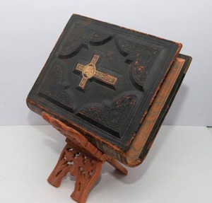 lot 10A image: Antique 1873 Holy Catholic Bible & Carved Wooden Bible Stand  John E. Potter & Co.