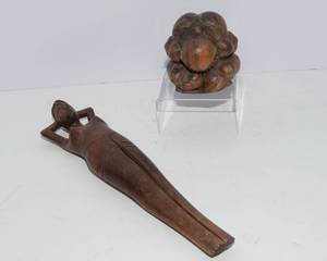 lot 748 image: Hand-Carved Wooden Items  Nude Woman Nutcracker and Weeping Buddha