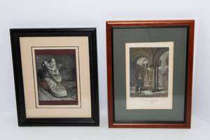 lot 763 image: Two Framed Antique Art Prints - Puss in Boots and Chichester Cathedral