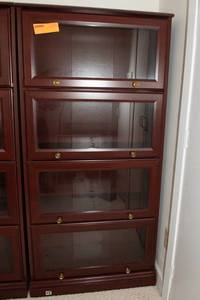 lot 722 image: Sauder Cherry-Tone Laminate Barrister-Style Bookcase with Glass Doors  60T x 28.5L x 12D (#10)