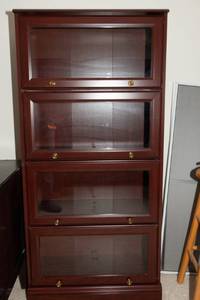 lot 593 image: Sauder Cherry-Tone Laminate Barrister-Style Bookcase with Glass Doors  60T x 28.5L x 12D (#5)