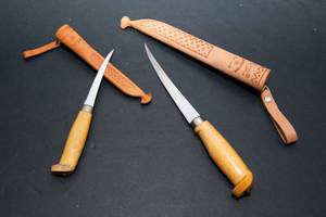 lot 780 image: Set of two Vintage J. Marttiini Rapala Fish Fillet Knives with Leather Sheaths from Finland
