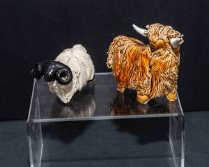 lot 812 image: Highland Cow and Sheep Figurines (handmade) - Set of Two