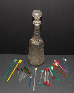 lot 835 image: Vintage Libbey Cambridge Diamond Cut Clear Glass Decanter and a Variety of Cocktail SwizzleMuddle Sticks