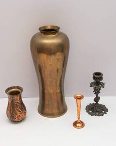 lot 857 image: Three Vases, One Candlestick - Brass