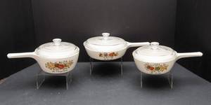 lot 863 image: Set of Three Vintage Corning Ware Spice of Life Saucepans with Pyrex Lids