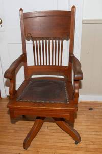 lot 873 image: Antique Swivel Arm Chair with Leather Seat