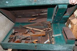 lot 886 image: Antique Tool Chest Filled with Antique Tools (44 x 20 x 11)