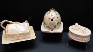 lot 481 image: Vintage Belleek Collection  Butter Dish, Honey Pot, and Trinket Box