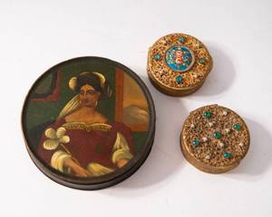 lot 502 image: Set of Three Antique Containers  Including Jeweled French Compacts and Snuff Box