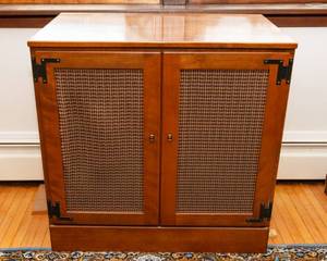 lot 682 image: Vintage Ethan Allen Solid Maple & Birch Cabinet  Fabric Panel Doors