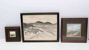 lot 734 image: A Set of Three Pieces of Framed and Signed Artwork