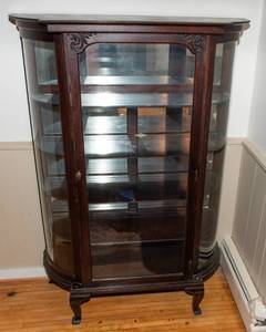 Antique Oak Curio Cabinet with Rare Curved Glass Sides – 63"T x 45"W x 17"D