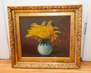 lot 5 image: Antique Hand-Painted Floral Artwork  Signed S. Lothrab  25.25 x 22.5