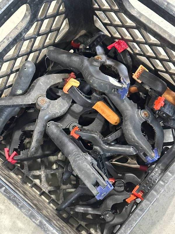 lot 19 image: Crate Full of Wood Clamps