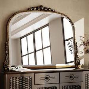 lot 52 image: XRAMFY Antique Gold 36 in. W x 27 in. H Arched Polyurethane Framed with Decoration Antique Vanity Wall Mirror  Customer Returns See Pictures