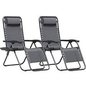 lot 53 image: Tozey 2-Piece Light Gray Zero Gravity Black Metal Lawn Chair Set Adjustable Folding Beach Chair with Pillows and Cup Holders   Customer Returns See Pictures