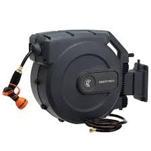 lot 57 image: Giraffe Tools Garden Retractable Hose Reel-58 in. to 115 ft. Wall Mounted, Dark Grey   Customer Returns See Pictures