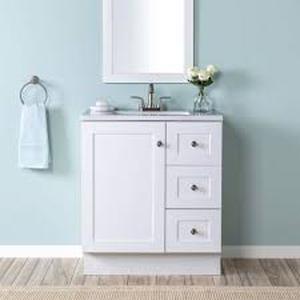 lot 58 image: Glacier Bay Bannister 31 in. Single Sink White Bath Vanity with Granite-Look Colorpoint White Cultured Marble Top (Assembled)   Customer Returns See Pictures
