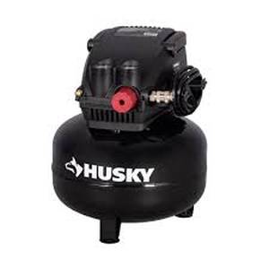 lot 65 image: Husky 3 Gal. 120 PSI Portable Electric Oil-Free Light Duty Pancake Air Compressor with Fold Down Handle and 1-Quick Coupler   Customer Returns See Pictures